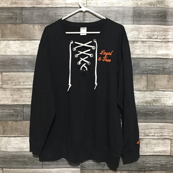 Pink Victoria Secret OSU Oklahoma State Sweatshirt Women’s L Black Orange Tie M5 - Picture 3 of 10